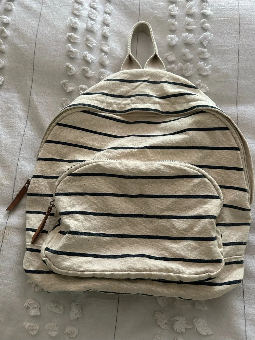 Striped Cream and Black Canvas Backpack with Front Pocket